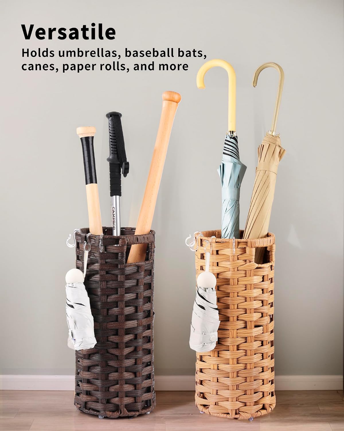 Rattan Umbrella Stand, Umbrella Holder for Entryway, Hand Woven Umbrella Rack Organizer Freestanding, with a Detachable Drip Tray, 4 Hooks, 7.5" L x 7.5" W x 16.5" H