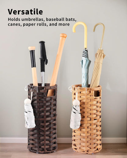 Rattan Umbrella Stand, Umbrella Holder for Entryway, Hand Woven Umbrella Rack Organizer Freestanding, with a Detachable Drip Tray, 4 Hooks, 7.5" L x 7.5" W x 16.5" H