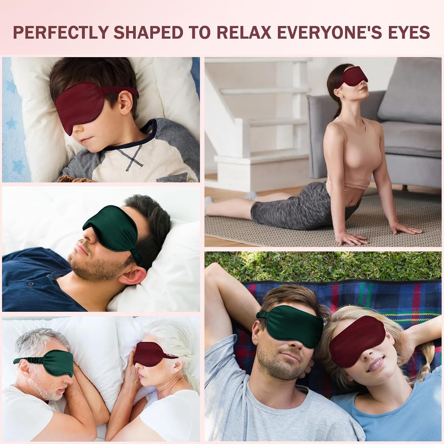 Amrules Sleep Mask Set of 2, Adjustable Silk Eye Mask for Sleeping, Soft Sleeping Eye Shade Cover for Women, Good for Blocking Light, Reducing Puffiness, Enhancing Sleep Quality (Blush Pink & Black)