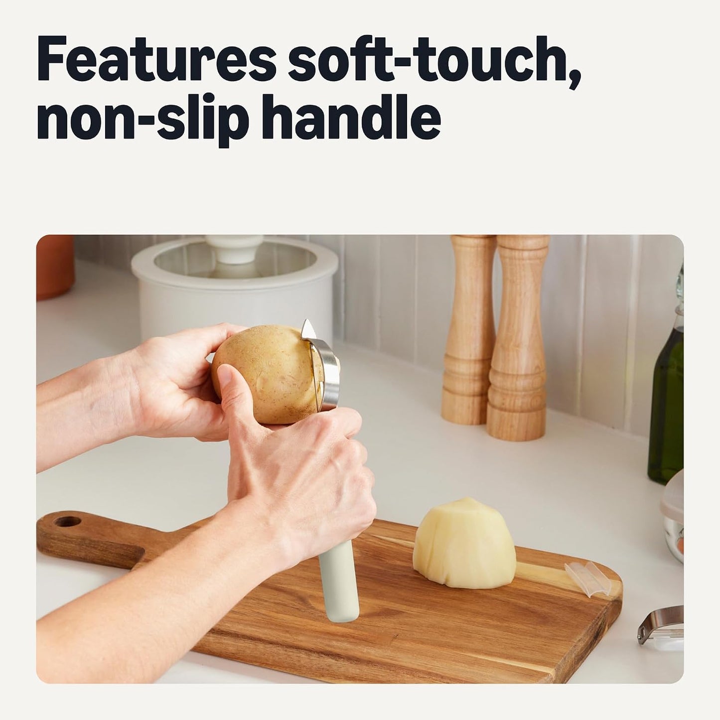 Amazon Basics Vegetable Peelers with Ultra-Sharp Stainless Steel Swivel Blades, Non-Slip Soft-Touch Handle, Protective Covers, 2-Piece Set, Dishwasher-Safe, Linen Gray