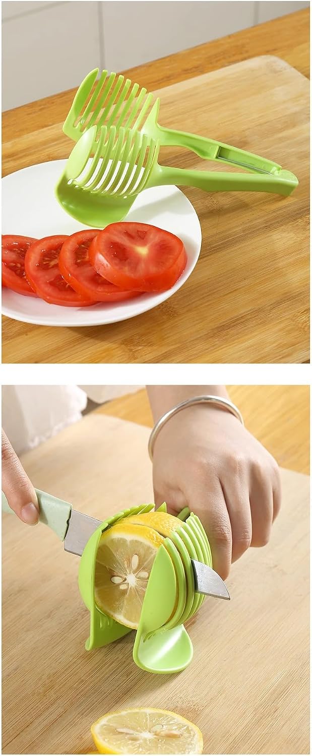 Tomato Slicer Holder, Fruit Cutting Guide Tool, Onion Lemon Potato Slicer, Safe Hand Guard Kitchen Tool with Handle, Even Slice Cutter (Green)