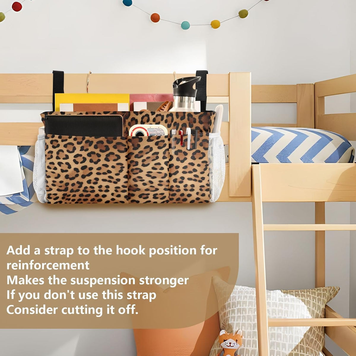 YETTASBIN Leopard Print Bedside Caddy Hanging Storage Organizer Bag with 2 Straps & Hooks for Bunk Beds, College Dorm, Hospital Bed - Holder for Books, Phone, Magazine, Glasses, Keys