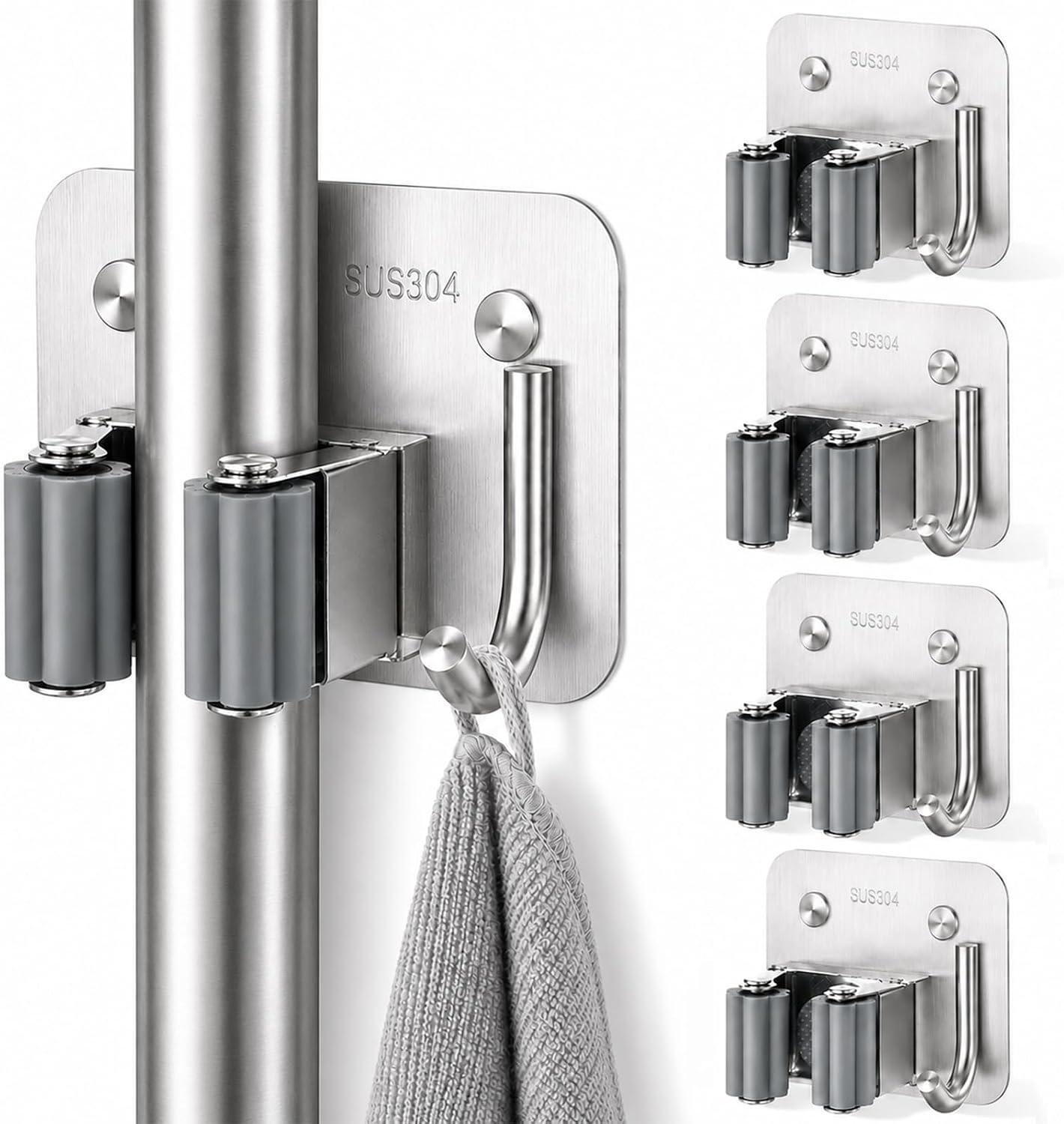 Broom Holder Wall Mount 4 Pack, Heavy Duty Mop and Broom Hanger with Hooks | Innovihue 304 Stainless Steel Broom Hanger, Self Adhesive or Screw Mount Organizer for Kitchen Laundry Garage