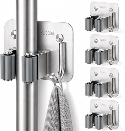 Broom Holder Wall Mount 4 Pack, Heavy Duty Mop and Broom Hanger with Hooks | Innovihue 304 Stainless Steel Broom Hanger, Self Adhesive or Screw Mount Organizer for Kitchen Laundry Garage