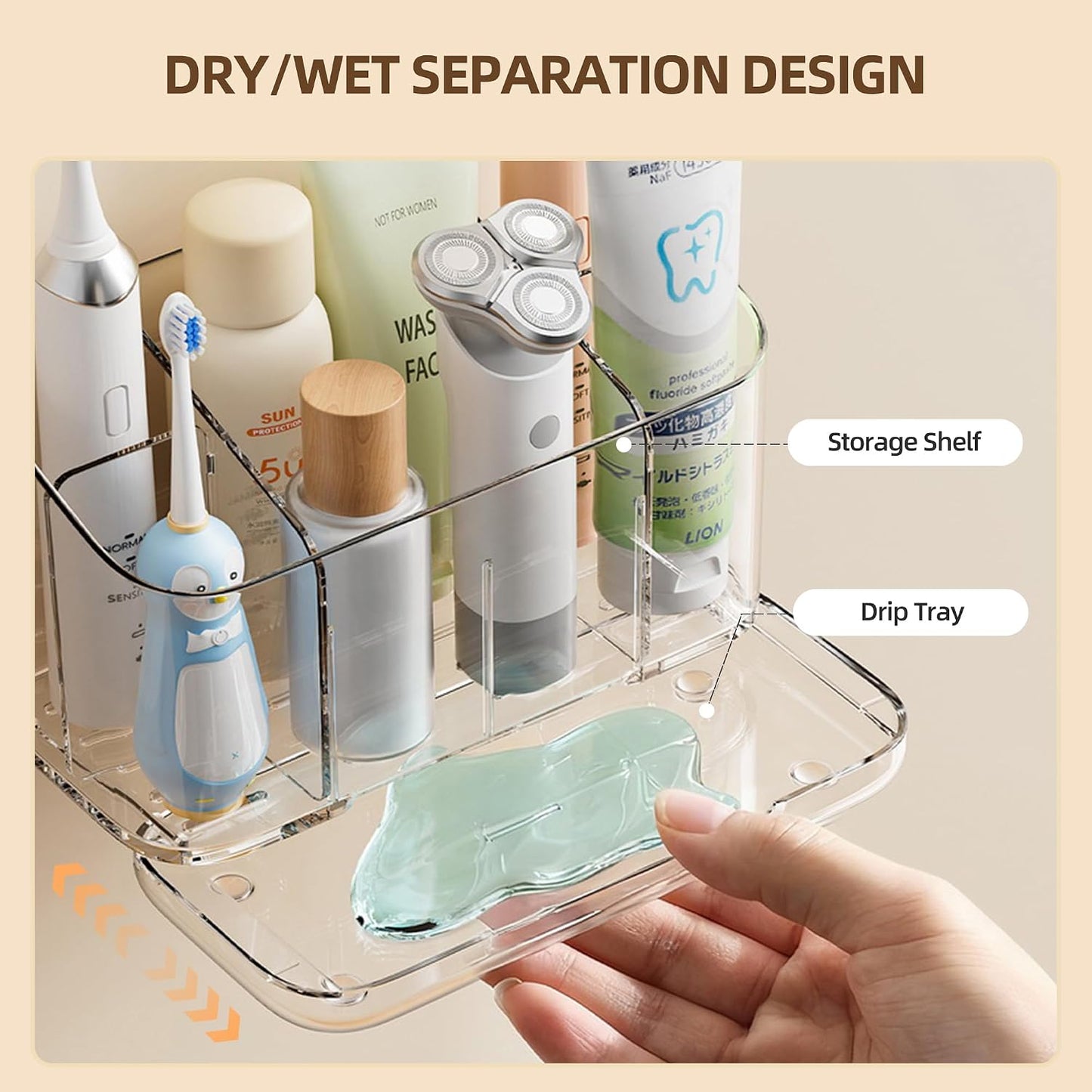 Toothbrush Holder Wall Mounted,Detachable Toothbrush and Toothpaste Holder | with Divider for Bathroom, Anti-Slip Electric Tooth Brush Holder Set with Drainage, Bathroom Accessory - Clear
