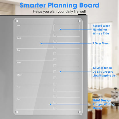 Acrylic Meal Planner Weekly Calendar Menu Board for Kitchen, w/ 8 Markers | Clear Weekly Fridge Calendar Planning Note Board Dry Erase to Do/Grocery/Shopping List/Chore Chart, 12.8x9’’