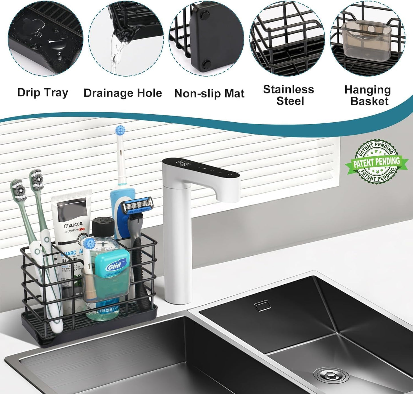 Toothbrush Holders for Bathroom,Black,Stainless Steel,Detachable,Tray,3 Slot