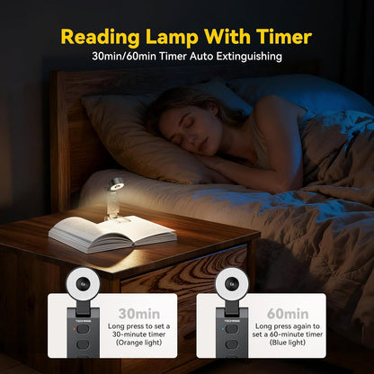 TechRise Book Light, Clip-on Reading Light for Books in Bed, Rechargeable Reading lamp, Eye-Caring with Timer, 5 Color Temps & 6 Brightness, 80+ Hrs, Perfect for Kids, Book Lovers, Black
