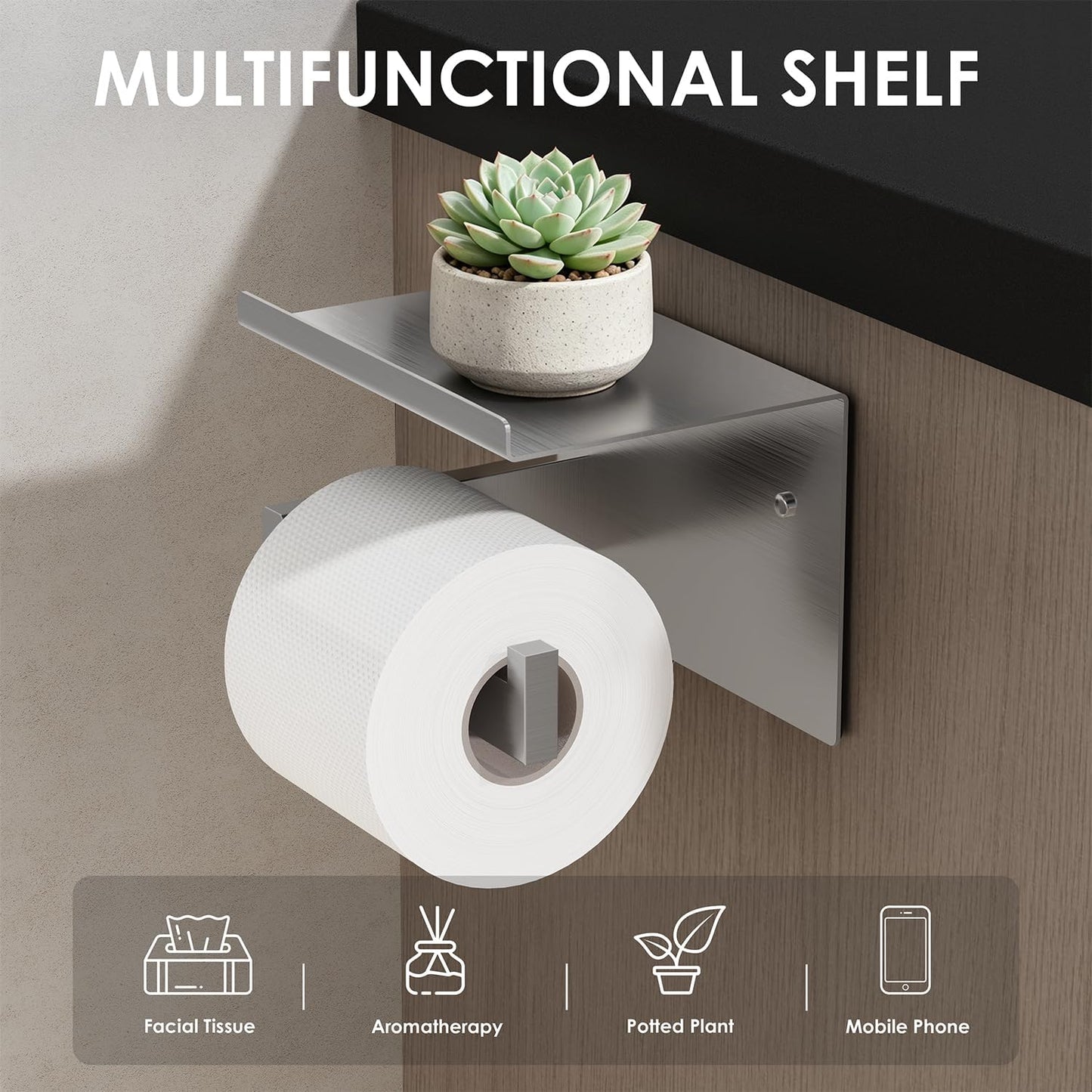 Auxmir Toilet Paper Holder with Shelf, Self Adhesive or Screw Mount, Black | Rustproof SUS304 Stainless Steel with Phone Shelf, Square Anti-Slip Bar, Fits Mega Rolls, Adhesive or Screw Installation