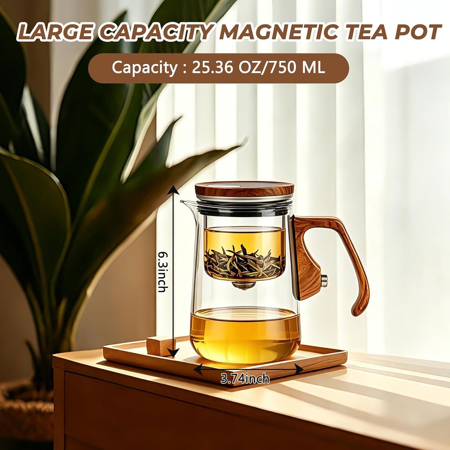 Magnetic Tea Pot with Infuser, Magic Loose Leaf Enchantipot, Borosilicate Glass Tea Maker with Strainer, One-Touch Tea Separation, Heat Resistant Tea Pot for Home & Office - 25.4oz (750ml)