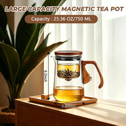 Magnetic Tea Pot with Infuser, Magic Loose Leaf Enchantipot, Borosilicate Glass Tea Maker with Strainer, One-Touch Tea Separation, Heat Resistant Tea Pot for Home & Office - 25.4oz (750ml)