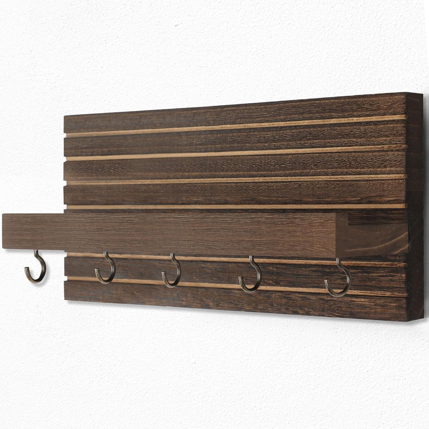 Lwenki Decorative Key Holder for Wall with Shelf, Entryway Shelf with Hooks Holds Leashes, Jackets and Glasses – Sturdy Wood Keyholder Entrance Hanger with Mounting Hardware (Black, Medium)