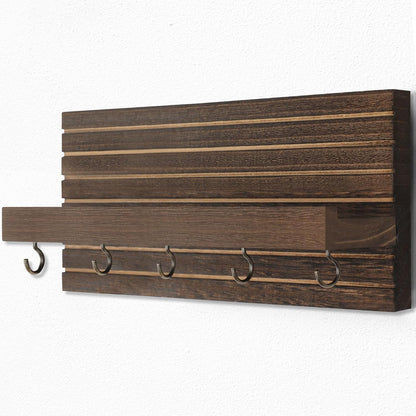 Lwenki Decorative Key Holder for Wall with Shelf, Entryway Shelf with Hooks Holds Leashes, Jackets and Glasses – Sturdy Wood Keyholder Entrance Hanger with Mounting Hardware (Black, Medium)