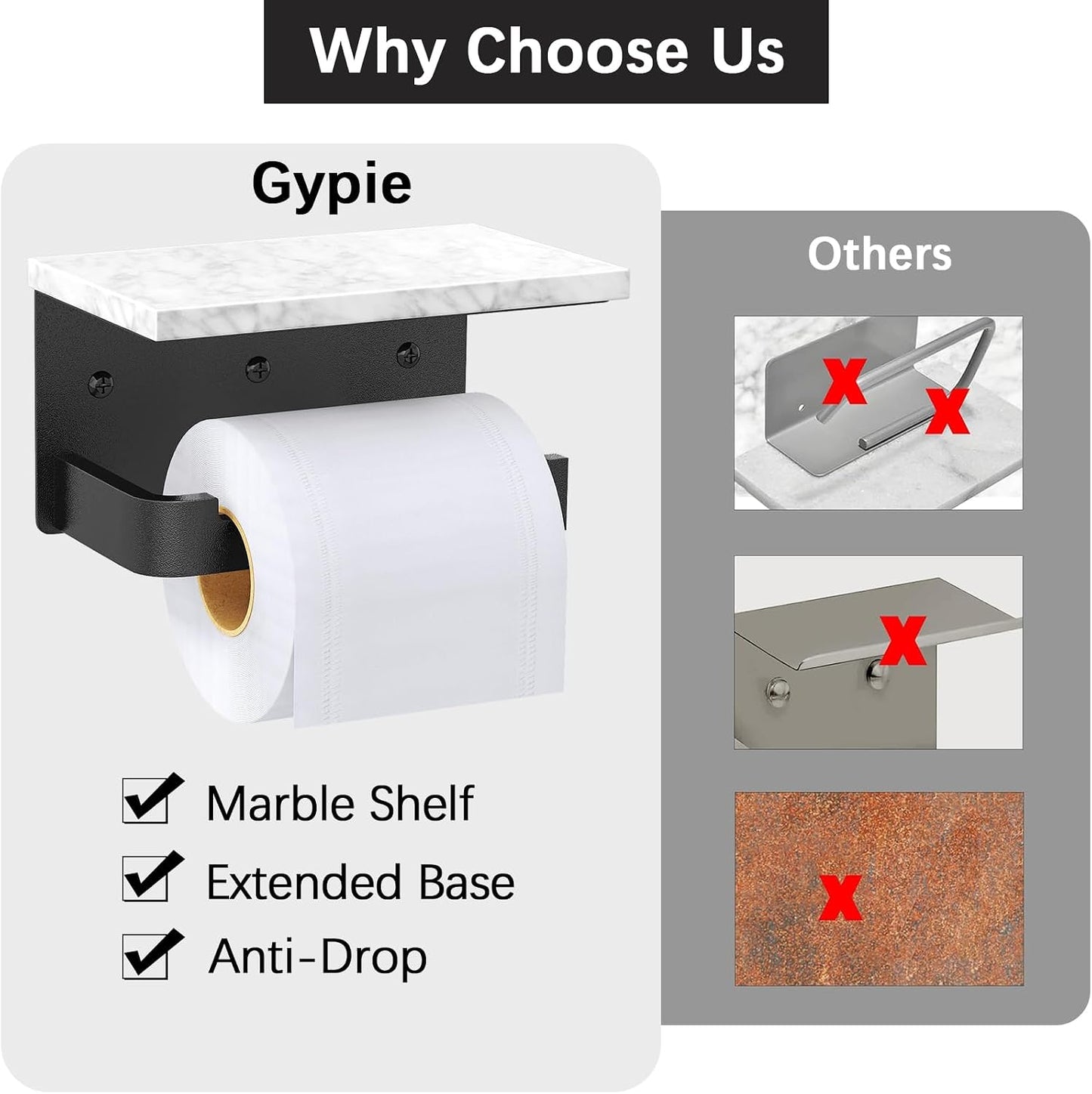 Gypie Toilet Paper Holder with Marble Shelf, Wall Mounted Matte Black | Toilet Roll Holder Black for Bathroom Washroom, Extended Base