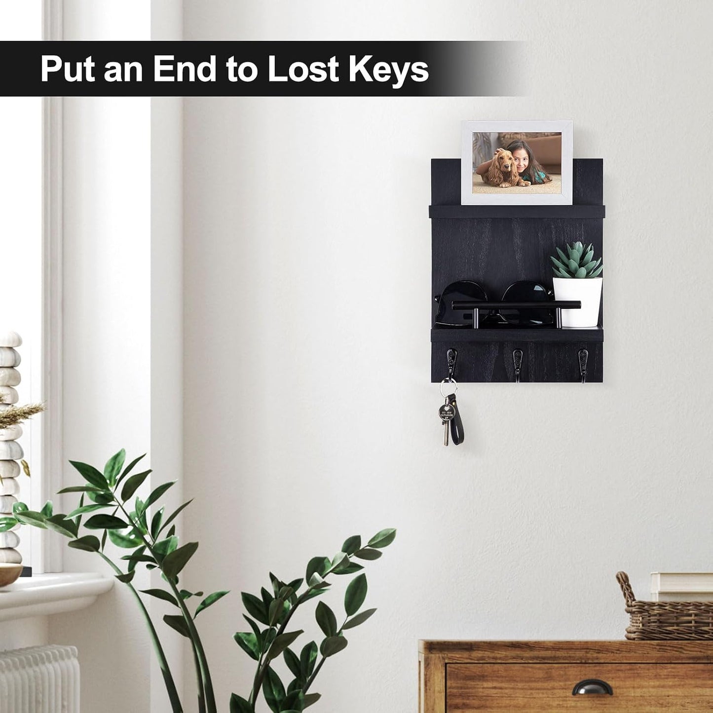 Key Holder Wall Mount, Mail Shelf Decor with 3 Key Hooks, Versatile Wood Wall Organizer for Entryway Hallway (8.2” x 10.6”x 3.6”) (White) | Farmhouse Key Hanger Holds Dog Leash, Sunglasses – Decorative Mail Organizer Home Decor