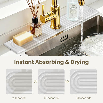 Diatomite Faucet Mat for Kitchen Sink, Quick-Dry Stone-Like Sink Mat, Flat Lay Absorbent Countertop Drying Mat for Faucet Area, Hard Diatomite Mat, Gray, 23.6 x 4 in