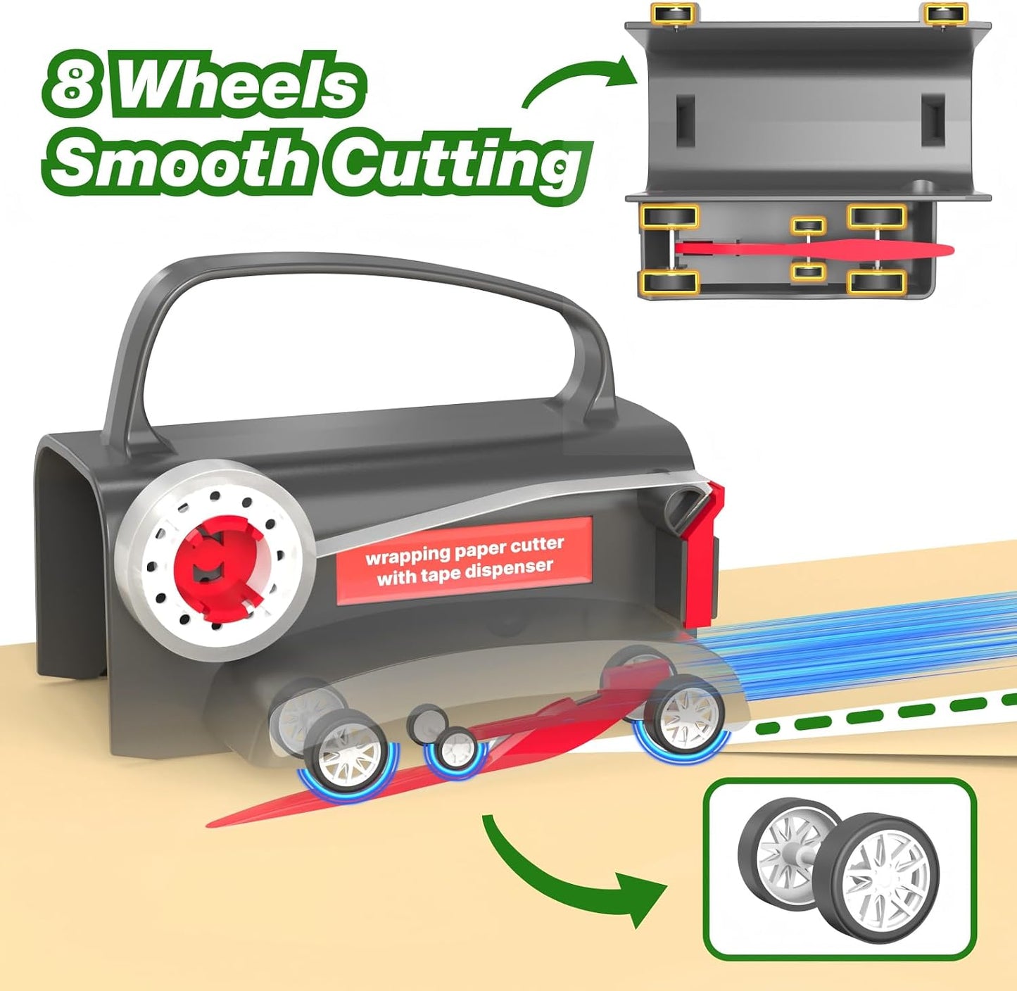 Wraprocut (2-Pack) Wheel Wrapping Paper Cutter & Tape Dispenser with 4 Tapes，2 Replace Blades Kit for Christmas Gift Wrap Cutter Tool Paper Roll Holder Tube Sliding Slicing for Birthday Holiday.