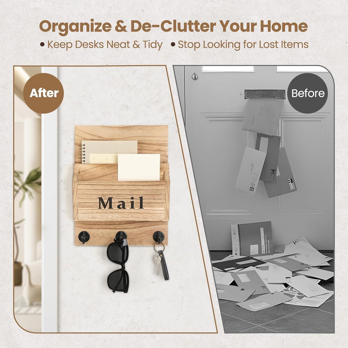 Mail and Key Holder, Wall Key Holder with 2 Mail Organizer Slot and 3 Hooks | Decorative 8.86" x 11.42" Mail Holder, Real Paulownia Wood with Keyhole Brackets, Hardware and Instructions