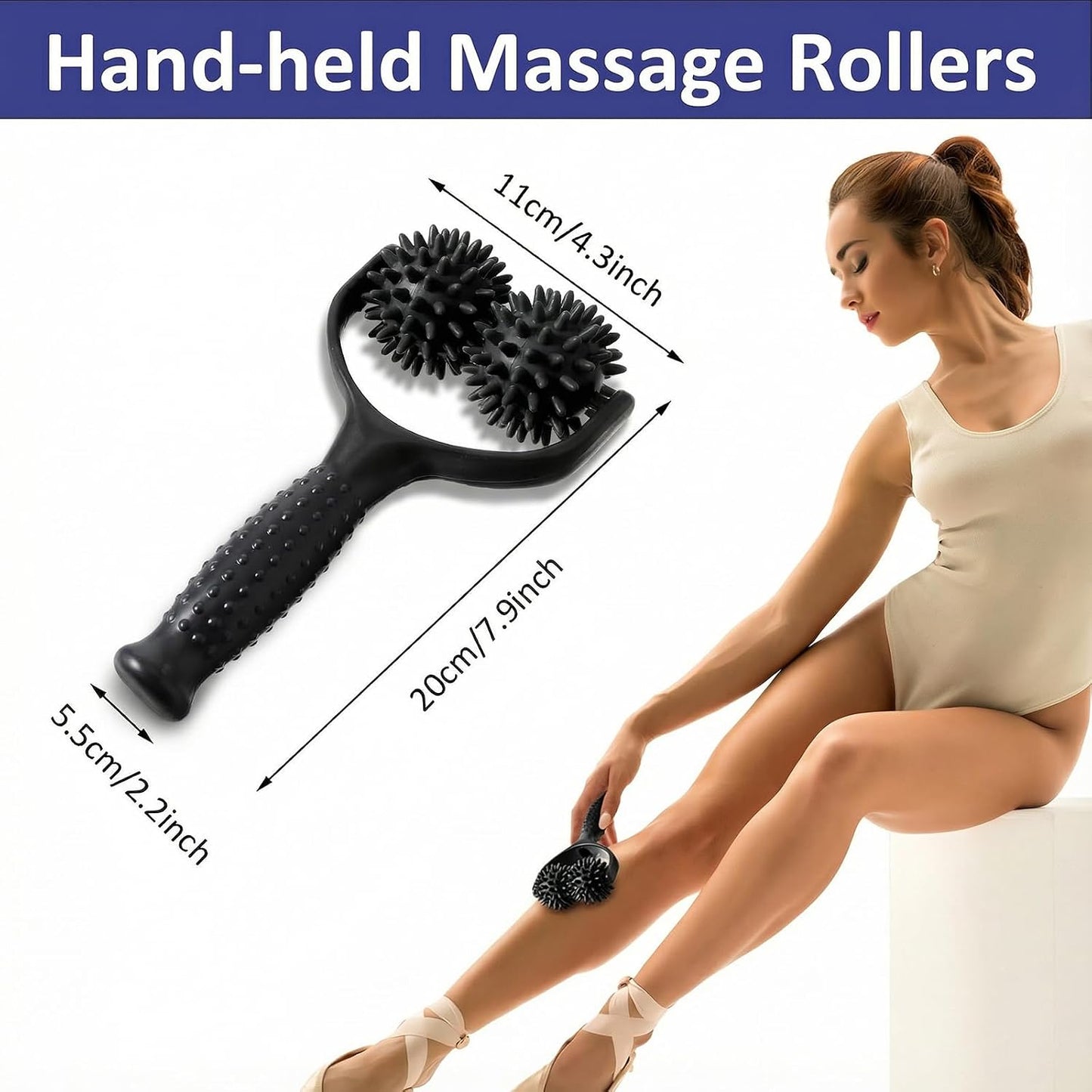Handheld Spiky Massage Balls Rollers, 2 Wheel Spiky Massage Ball Rollers Silicone Manual Massage Roller with Handle Pressure Point Muscle Massage Tool for Foot Arm Body Neck Leg Pain Pressure Relief