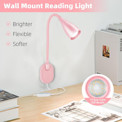 LiFMIRA Wall-Mounted LED Bedside Reading Light with USB Charging Port, 10-Level Dimmable & Adjustable 5 Color, Plug-in Adhesive Night Lamp for Books in Bed, Eye-Caring Bedroom Lighting (White)