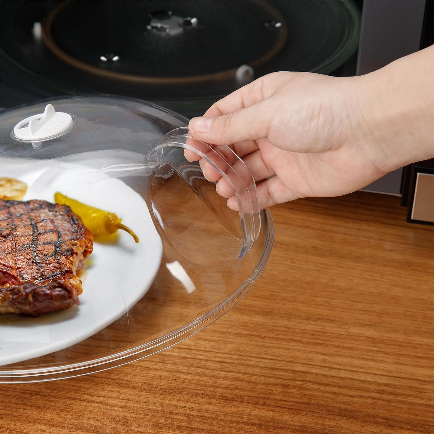 12" Clear Microwave Splatter Cover Integrated Handle BPA Free | Integrated Handle, BPA-Free, Clear PC, 12 Inch, Dishwasher Safe, Steam Vent, Food Grade, Splatter Guard,Large