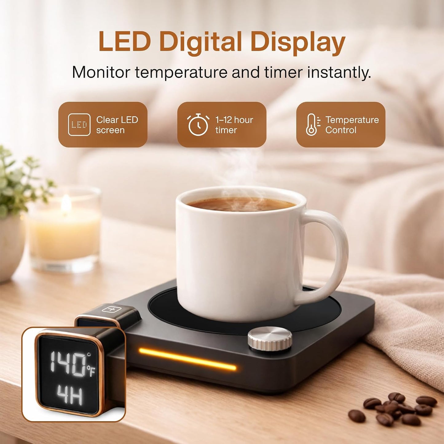 Coffee Mug Warmer for Desk, 40W Electric Cup Warmer with Digital Display, 9 Temp Settings, 1–12H Timer & Auto On/Off, LED Display Candle & Beverage Warmer Plate.