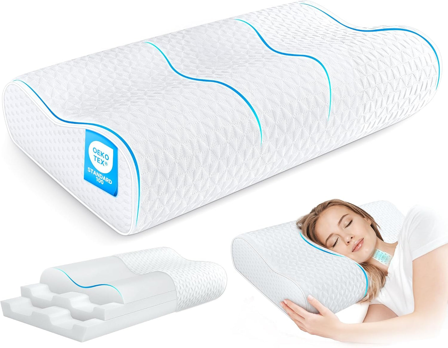 Cervical Neck Pillow for Pain Relief- Queen Size Adjustable Cooling Pillow for Sleeping, Memory Foam Pillows for Neck Shoulder, Ergonomic Contour Bed Pillow for Side, Stomach & Back Sleepers
