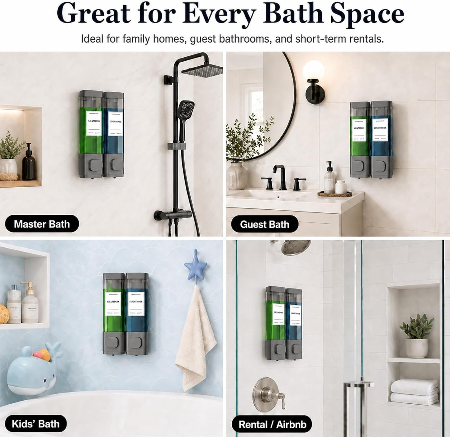 Shampoo and Conditioner Dispenser – Wall-Mounted Shower Soap Dispenser, No-Drill Installation, Lockable, 900 ml Capacity,for Bathroom & Hotel or Airbnb (Black, 3-Pack)