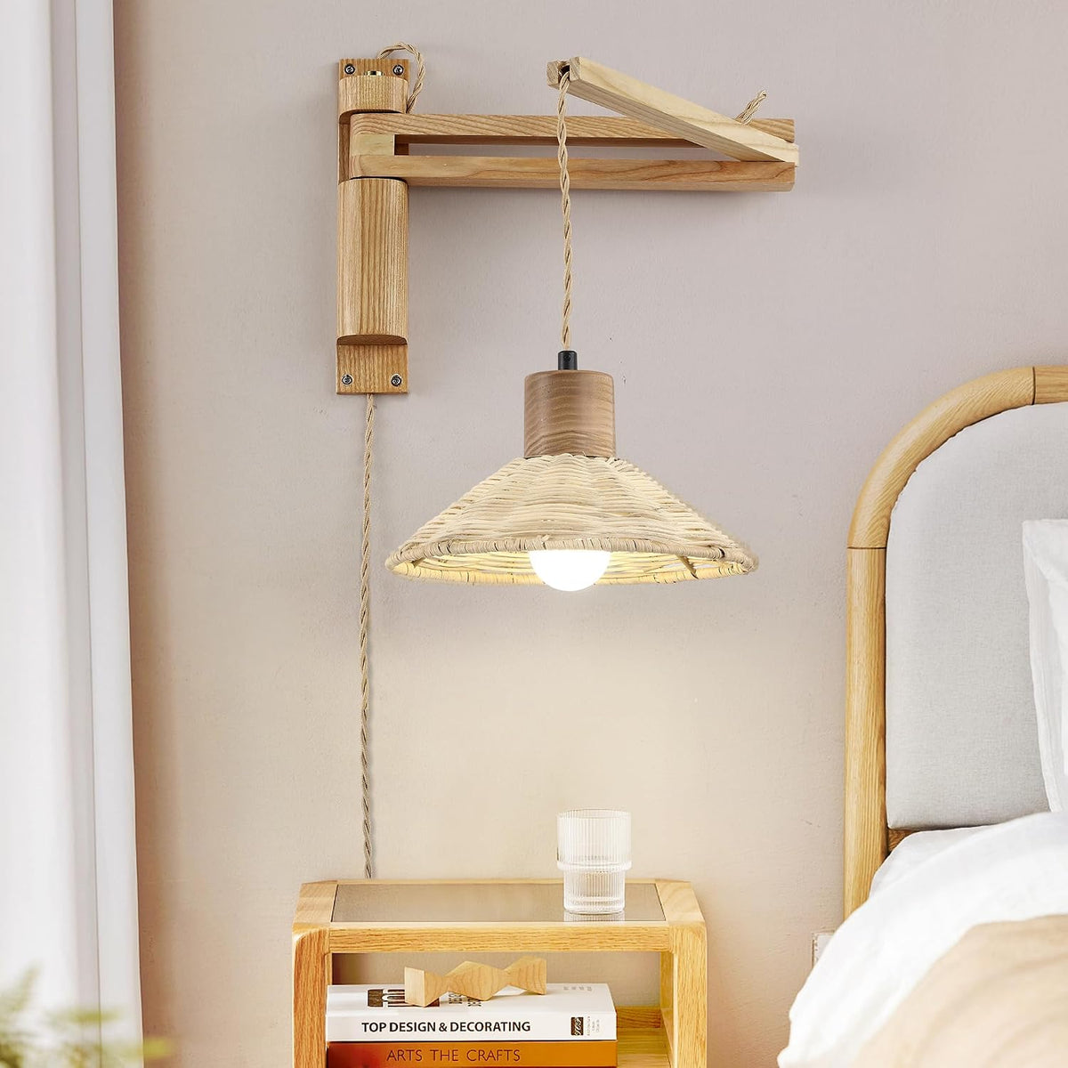 maesta Plug in Wall Lamp, Wood Swing Arm Wall Sconce for Bedroom