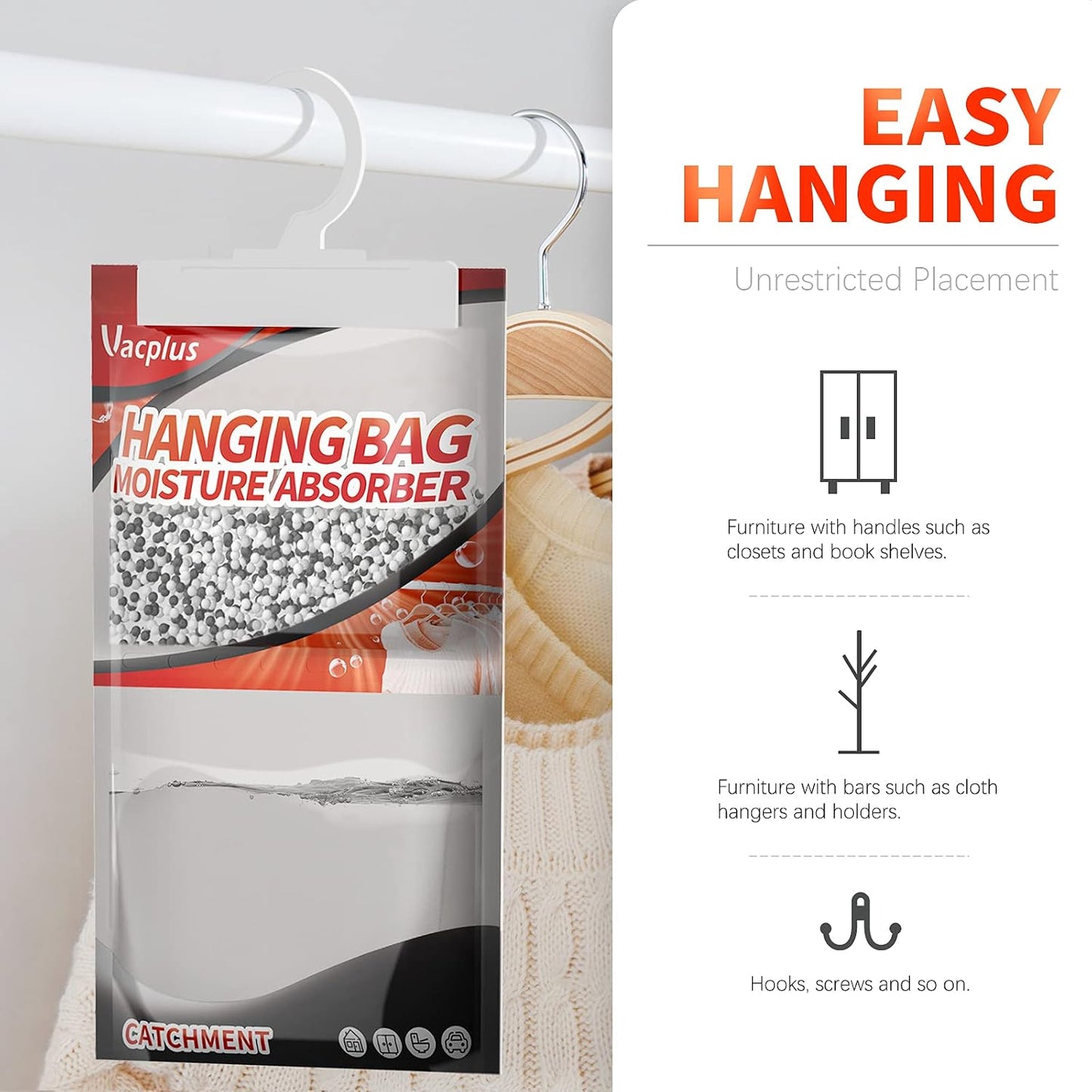 Vacplus Moisture Absorber, 9.8 OZ Hanging, Strong Absorption, Unscented | Closet, Enclosed Spaces, Bathroom, Odor Eliminator, Dehumidifier Bags, 10 Pack