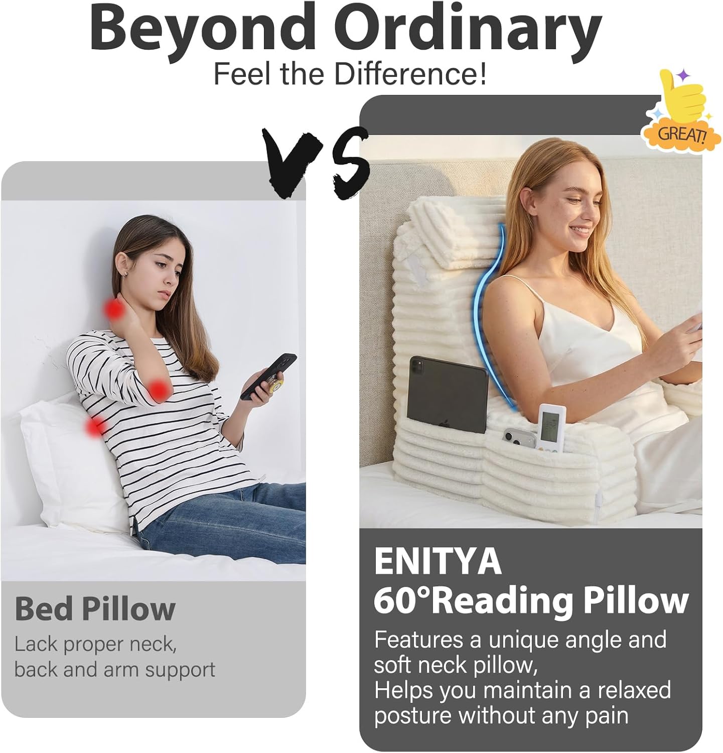 ENITYA 22" XL Back Pillow for Bed Sitting Up with Armrests & Big Pockets | Reading Pillow for Bed, Soft Back Support Chair, Ideal for Watching TV, Gaming, Nursing, Resting, Post Surgery, Dark Grey