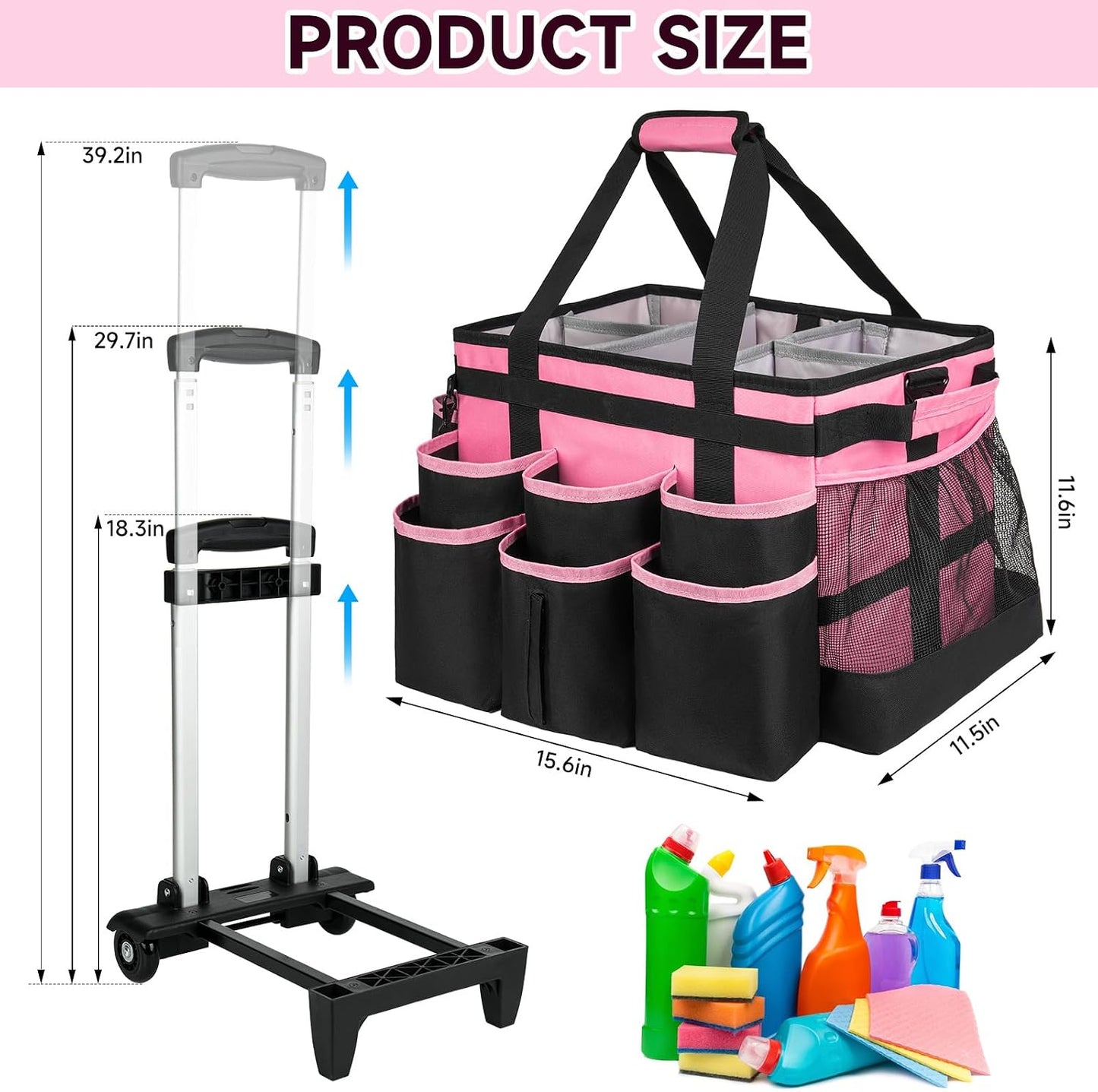 Large Rolling Cleaning Caddy Bag with Detachable Trolley,Cleaning Cart on Wheels with Shoulder Strap,Cleaning Supplies Organizer for Housekeepers,Purple