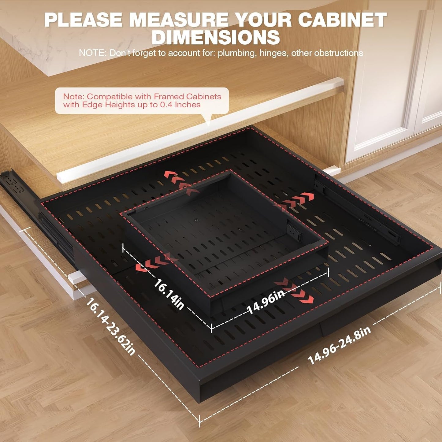 Seinloes Pull Out Cabinet Organizer, 4-Side Expandable to Fit Most Cabinets, 3 Rail Slide Out Drawers with Raising Pad for Framed & Frameless Cabinets, 13"-21" W x 17"-24" D, White, 2 Pack
