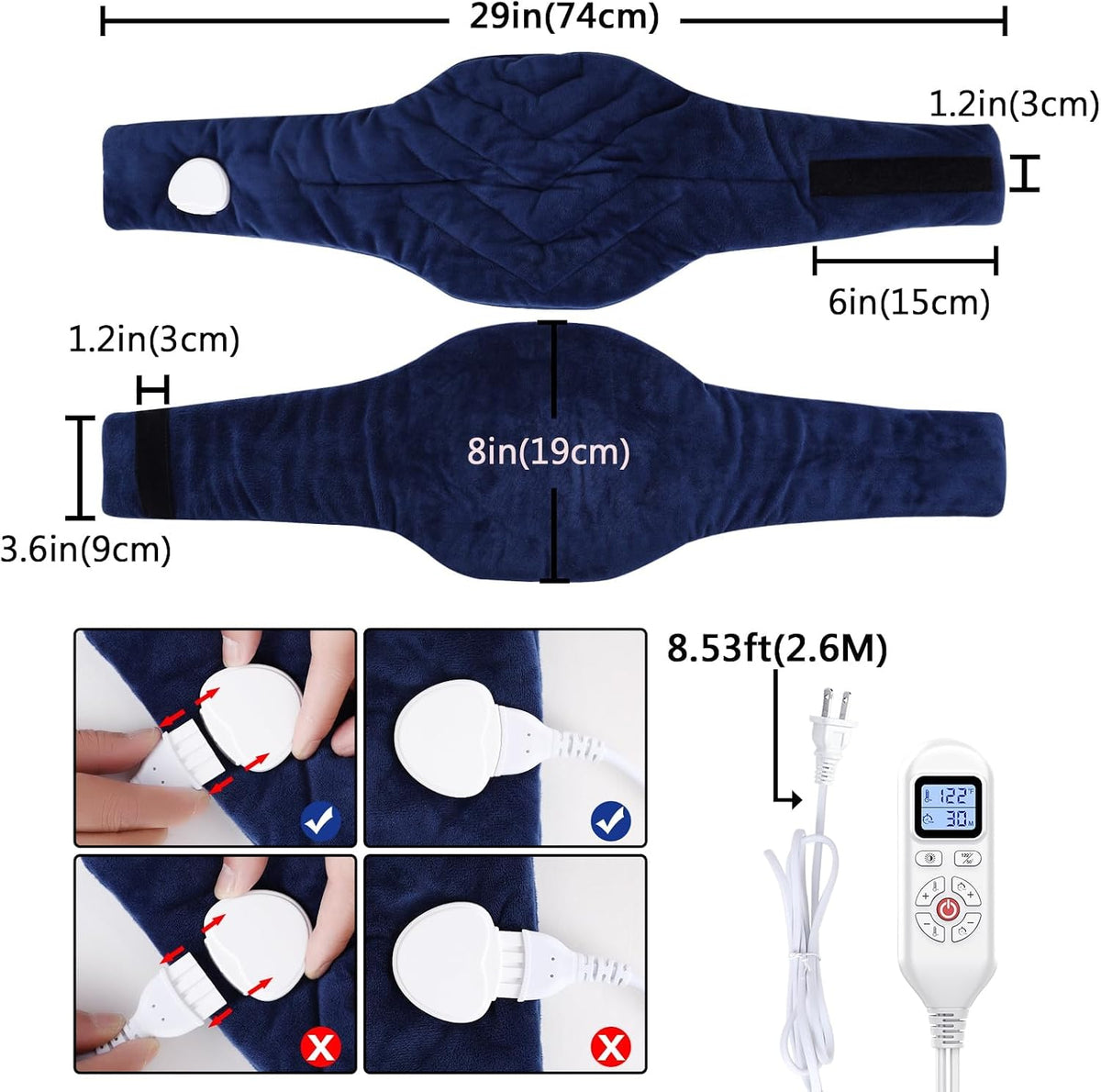 JOBYNA Heating Pad for Neck, Hands-Free Electric Heated Neck Wrap for Pain Relief, 29"×8'' Neck Heat Pad with 8.53ft Power Cord, Auto Shut Off,Size/Temperature/Time Adjustable（Navy）