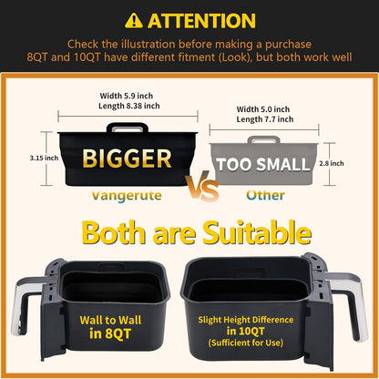 Collapsible Silicone Air Fryer Liners 8QT 10QT Ninja Dual (Gray) | 2 Pack Food Grade Platinum Silicone, Snug Rectangular Fit, Grease Drainage Ridges, Dishwasher Safe, BPA Free Basket Liner