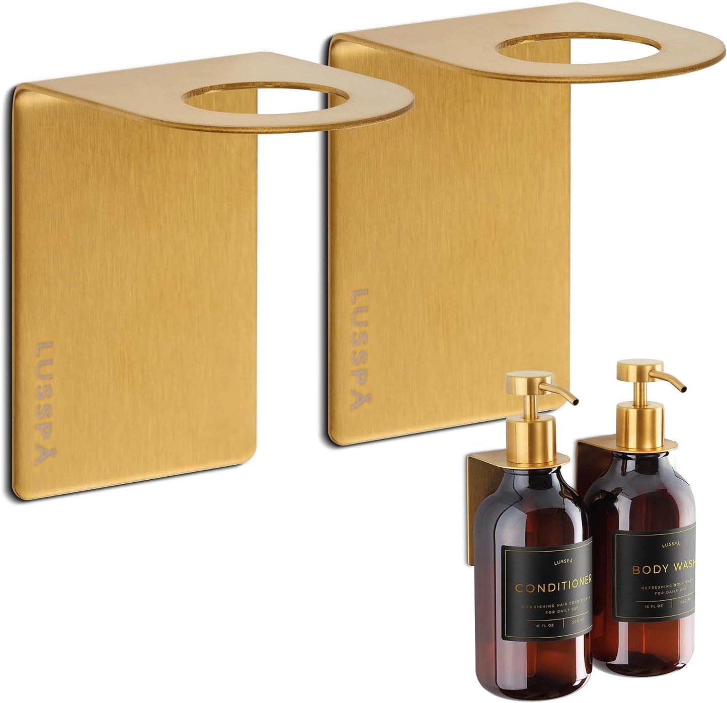 Wall Mount Soap Dispenser Holder, 2 Pack – 304 Stainless Steel, 2.95"×1.97"×2.56", 1.1" Neck Fit, No-Drill Peel & Stick Adhesive, Rustproof, Fits LUSSPA Bottles (Matte Black)