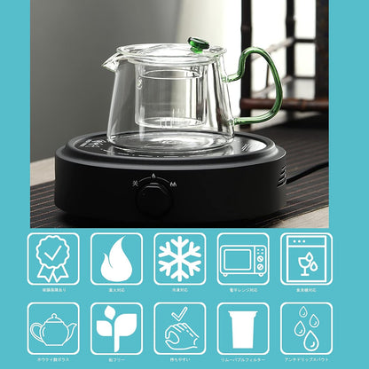 Glass Filtering Tea Maker Teapot with a Warmer and 6 Double-walled Tea Cups Set (Heating base, Standard)