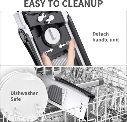 QYKIC Safe Mandoline Slicer Pro for Kitchen, Adjustable Chopper 6 in 1 | Potato Slicer Onion Chopper Fry Cutter Julienne Dicer Large Chute Stainless Steel Blades Detachable Dishwasher Safe Gifts