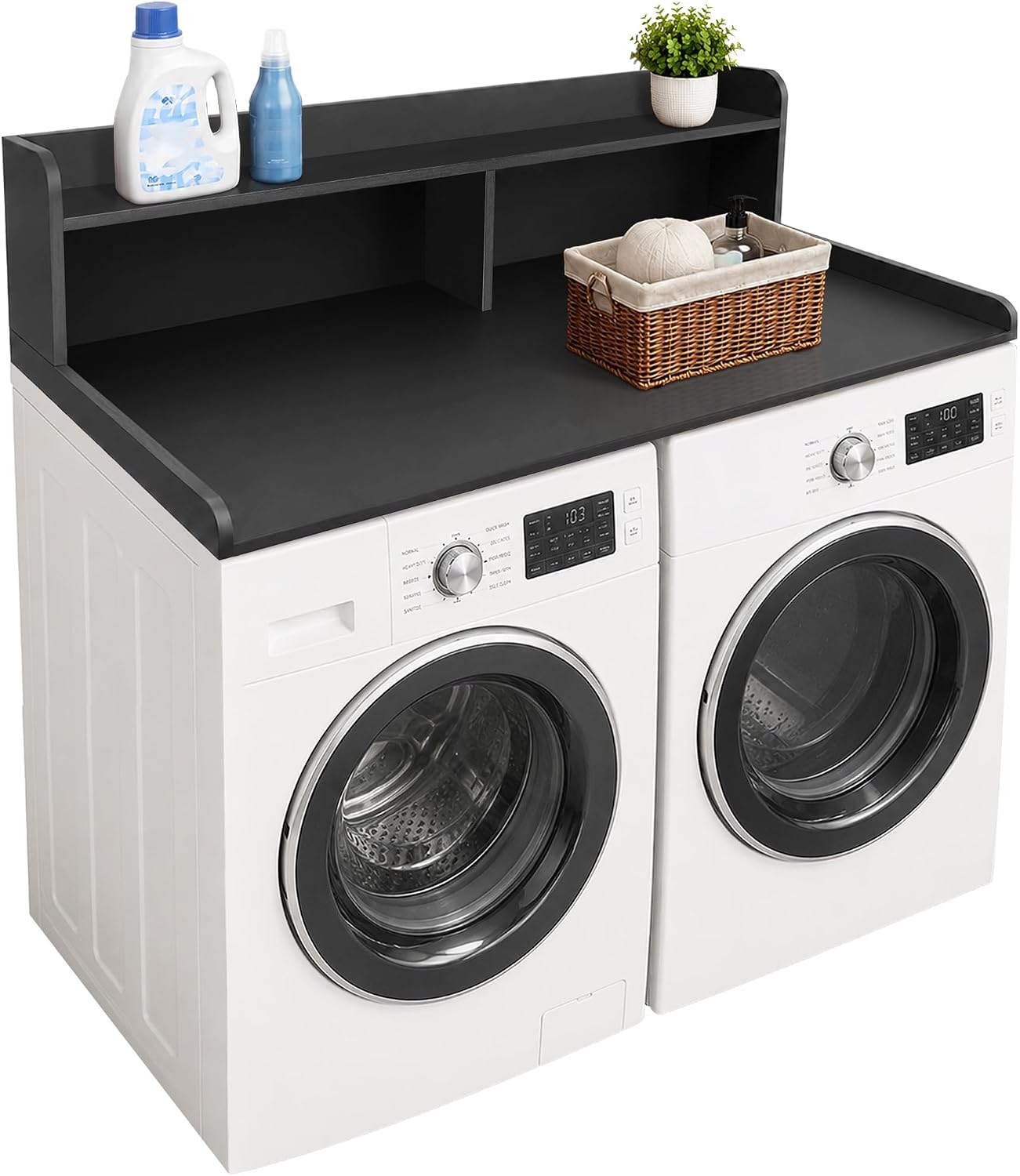 Royxen Laundry Countertop with 2-Tier Shelf Universal Fit, Washer and Dryer Countertop with Storage Space, Shelf Height 11.5 Inches, Solid Wood Core, Walnut