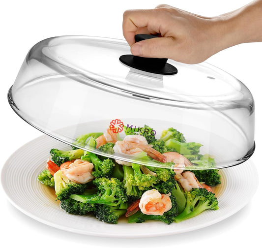 Mikro Innovations 10.5-Inch Glass Microwave Splatter Cover – Borosilicate Glass Food Plate Splatter Guard with Vent Hole, BPA-Free Easy-Grip Silicone Knob, Dishwasher Safe (1, Black, 10.5in)