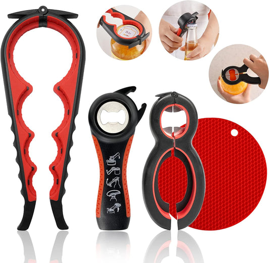 Jar Opener for Weak Hands, Easy Twist Jar Opener For Seniors with Arthritis, 5 in 1 Multi Function Bottle Opener Lid Opener For Arthritic Hands with Non Slip Rubber Jar Gripper Pad (Red)