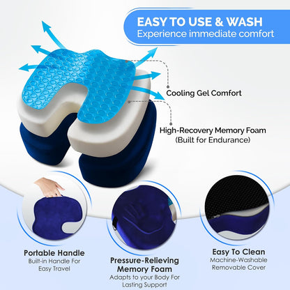 Gel Seat Cushion – Navy Blue Flannel Pillow with Velvet Removable Cover – Ergonomic Sponge Support for Office with Adjustable Strap