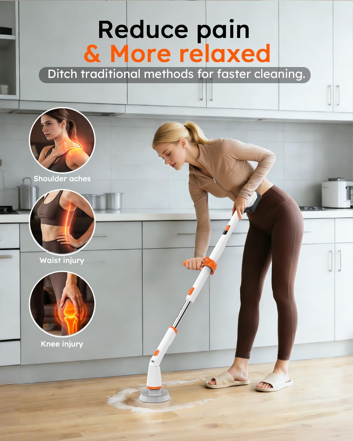 Electric Spin Scrubber,8 Replaceable Brush Heads for Home | IPX7 waterproof power scrubber with LCD display, multi heads, extendable handle, 90min runtime for bathroom kitchen glass car