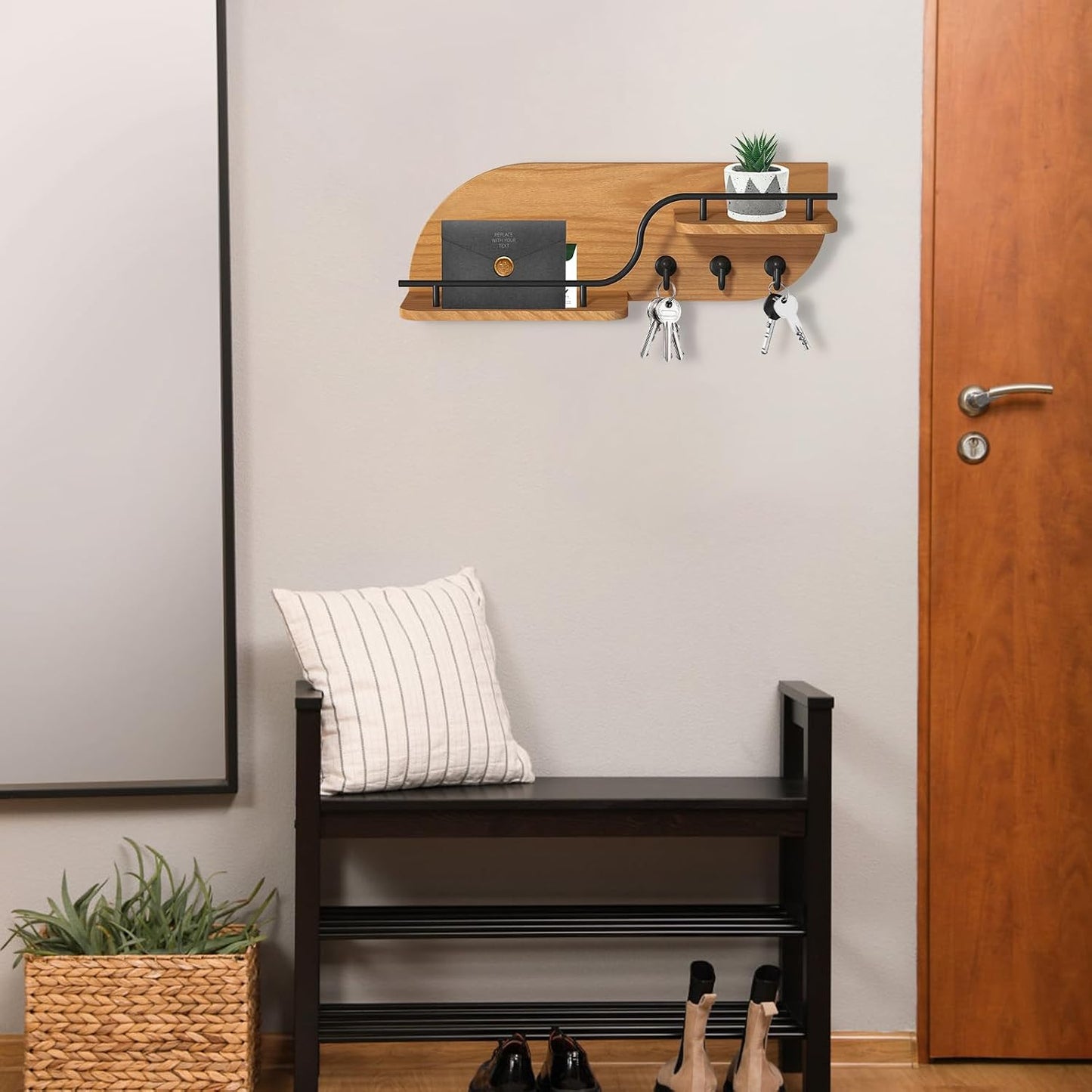 Key Holder for Wall, Decorative Key and Mail Organizer with 3 Metal Hooks and 2 Shelves, Wood Wall Mounted Key Rack for Entryway, White