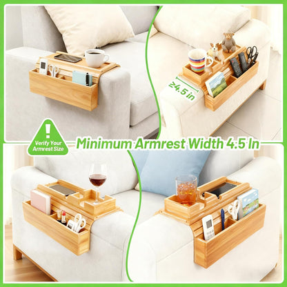 Bamboo Couch Arm Tray Sofa Armrest Tray Cup Holder,2-in-1 Couch Armrest Tray with Slide Detachable Tray,Couch Caddy,Slip Foldable Sofa Table,Phone Stand,Book Holder (Bamboo)
