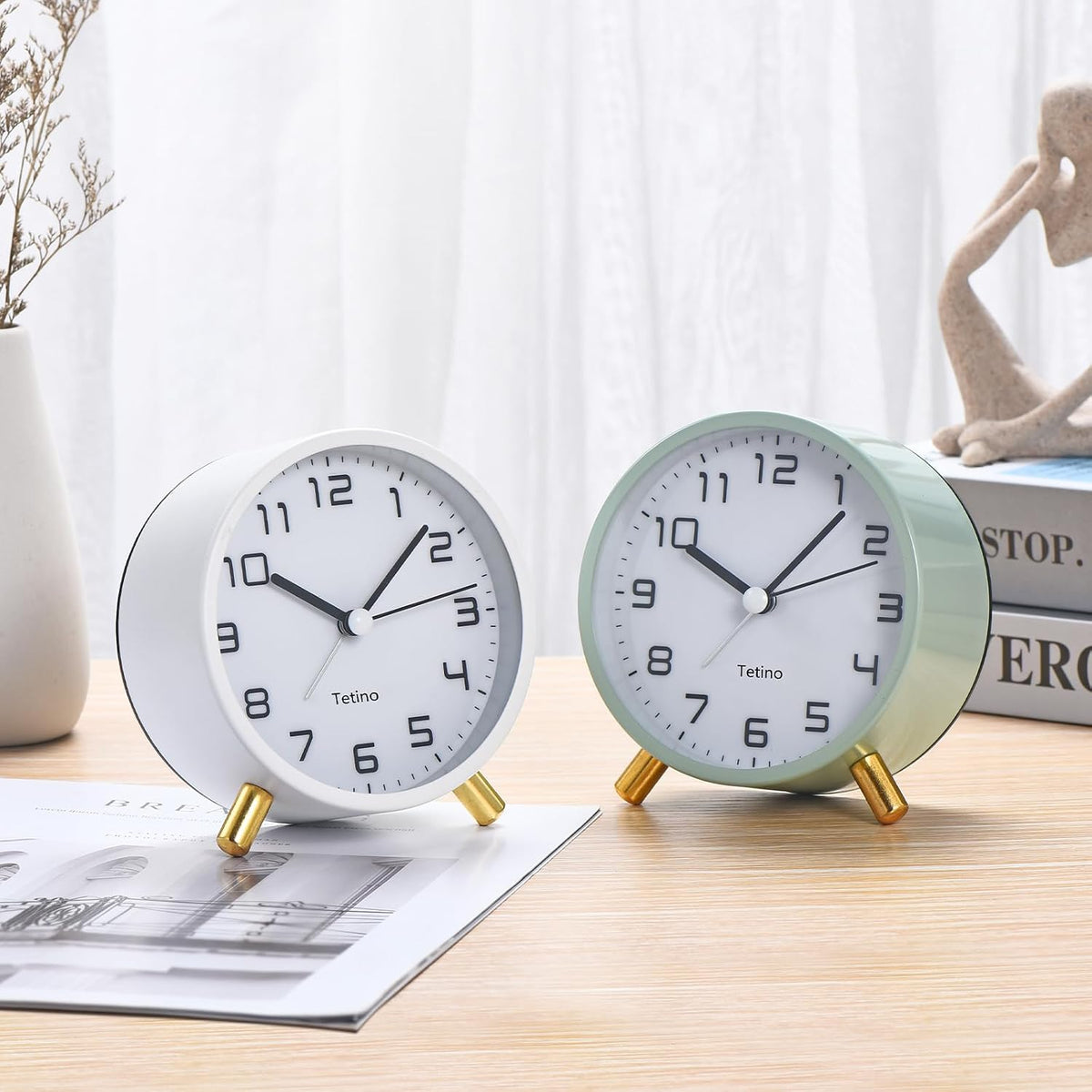 Tetino Analog Alarm Clocks,Retro Metal Desk Silent Non Ticking Small Clock with Night Light,Battery Operated,Simple Design,for Bedrooms, Bedside,Office,Home Décor (Green)