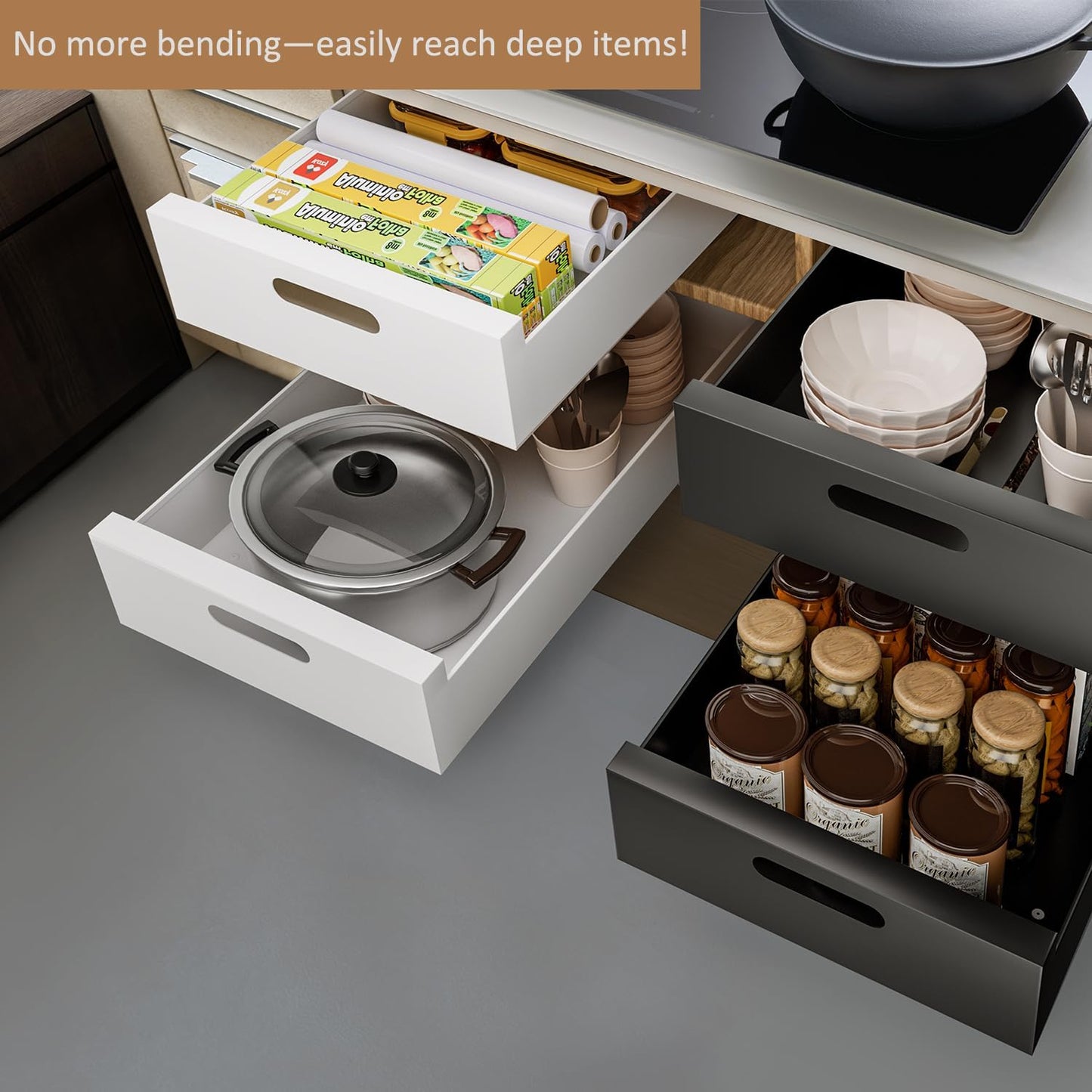 HBL' 1 Pack | 21" Deep Pull Out Cabinet Organizer Adhesive, 10-Inch Wide Sturdy Carbon Steel Roll-Out Drawers, Designed for Frameless Cabinets, Slide-Out Shelves for Pantry.