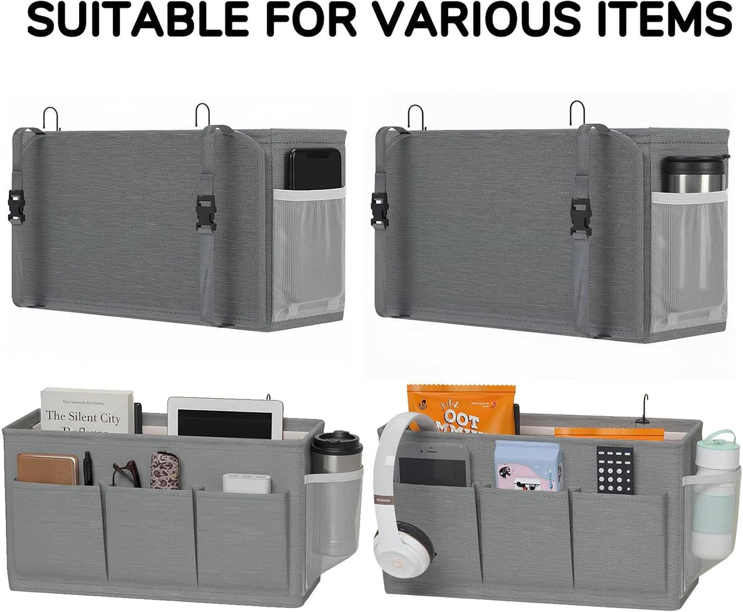 Bedside Caddy Storage 6 Pockets Water Bottle Holder Hanging Grey