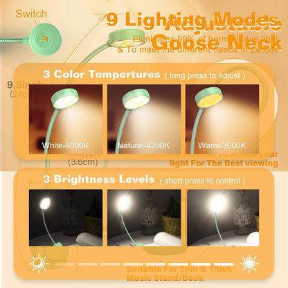 KTEBO 2 Pack Rechargeable Book Light Clip-On Reading Light for Books in Bed | 9 eye-friendly modes from 3 color temperatures and 3 brightness, USB-C up to 30 hrs - Black & Black