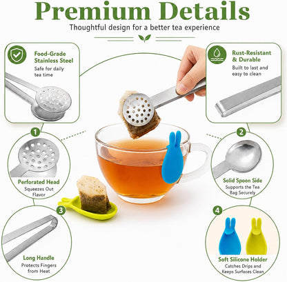 1 Pcs 6 inch Tea Bag Squeezer,With 2pcs Bunny Silicone Tea Tongs | Silicone Tea Bag Holder,Durable Stainless Steel Tea Bag Strainer Clips Herb Or Sugar Ice Cube For Kitchen Bar Tools
